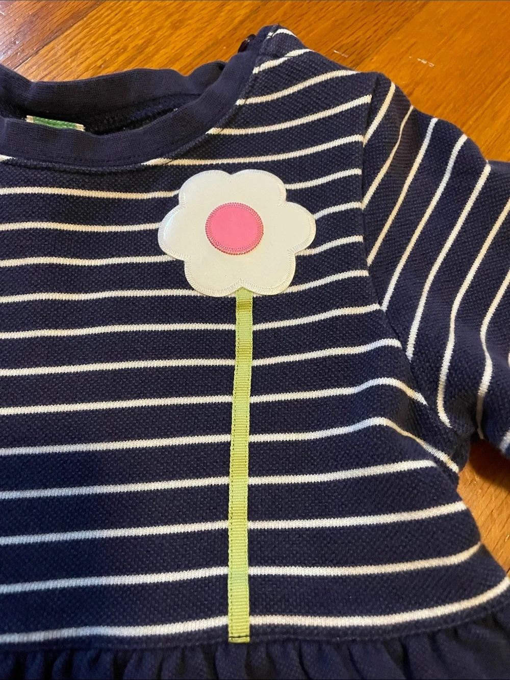 Y2K Gymboree Girl 6 Navy & White Striped Long-Sleeve Dress with Flower Appliqué